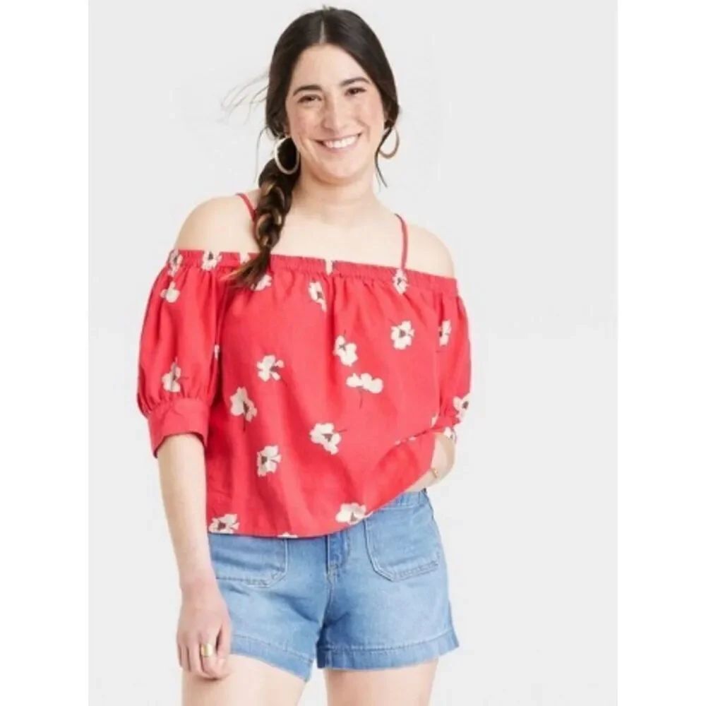 Universal Thread Bohemian Puff Elbow Sleeve Blouse Red Floral Print Size L